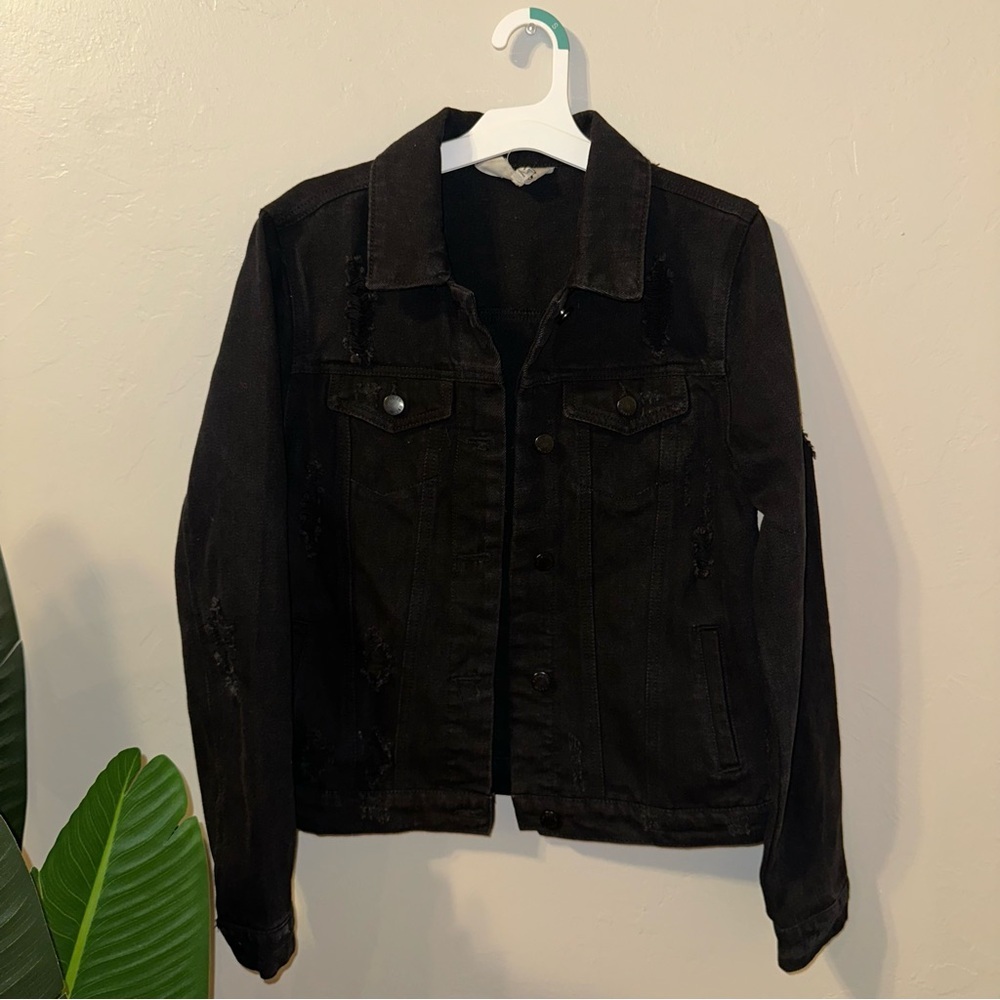 Black Distressed Denim Jean Jacket- MEDIUM